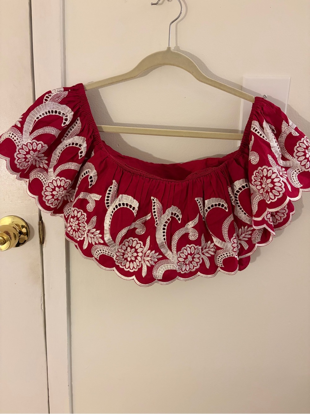 Women’s Red Embroidered Off-Shoulder Ruffle Top